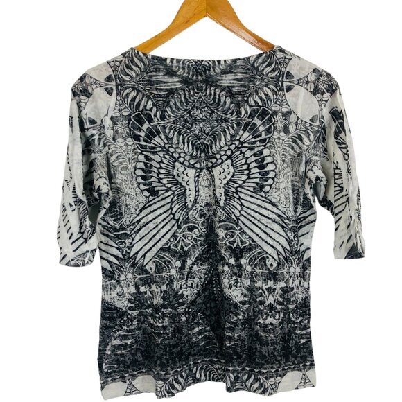 One World Abstract Blouse Sz Large Butterfly Pattern Studded Black White - Picture 6 of 8